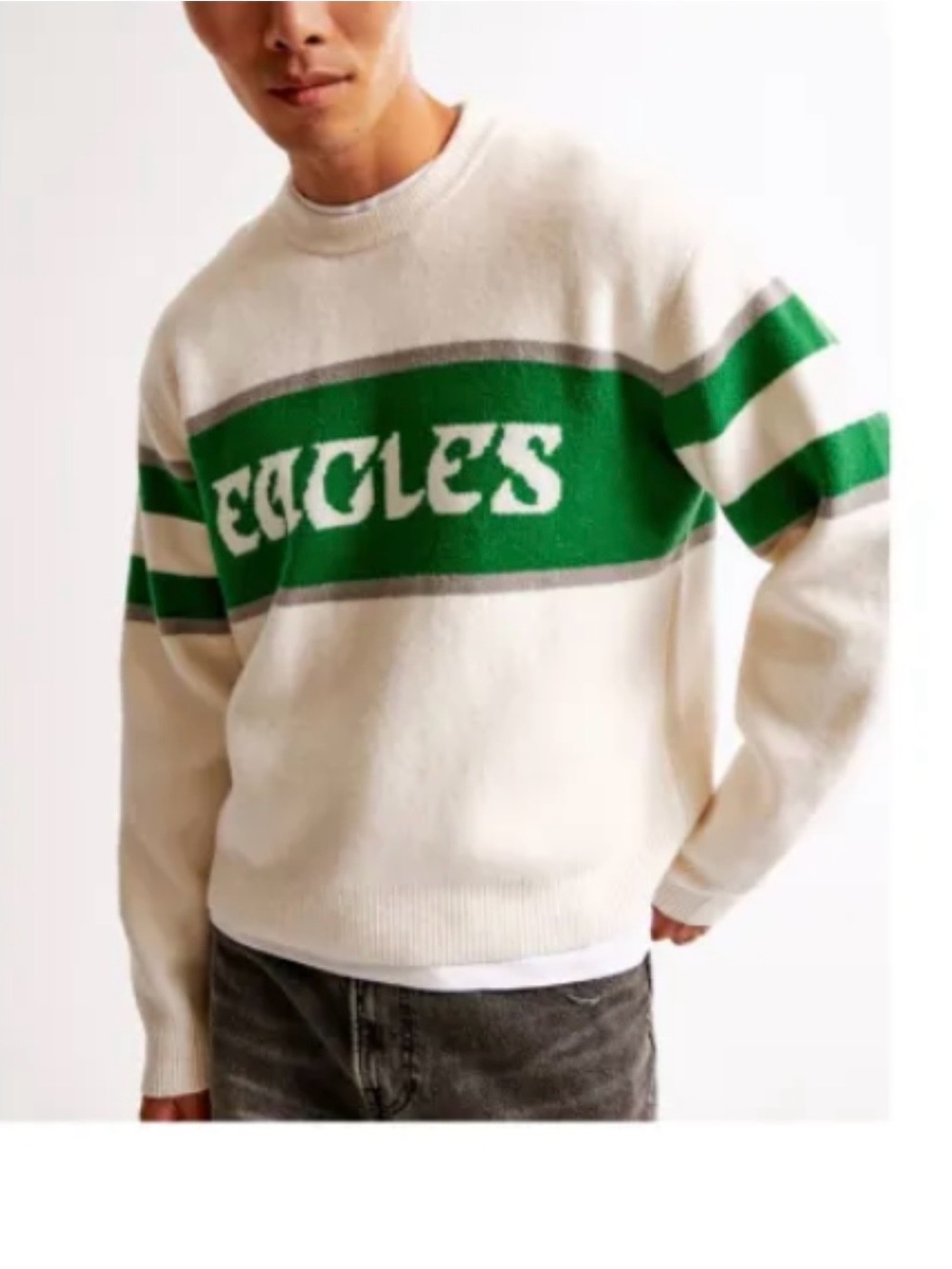 Abercrombie & Fitch Cream and Green 'EAGLES' Crewneck Sweater